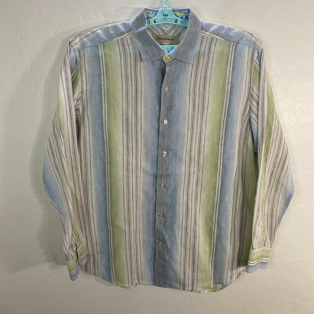 Tommy Bahama‎ Shirt Mens Large White Blue Linen Button Up Hawaiian Island Beach